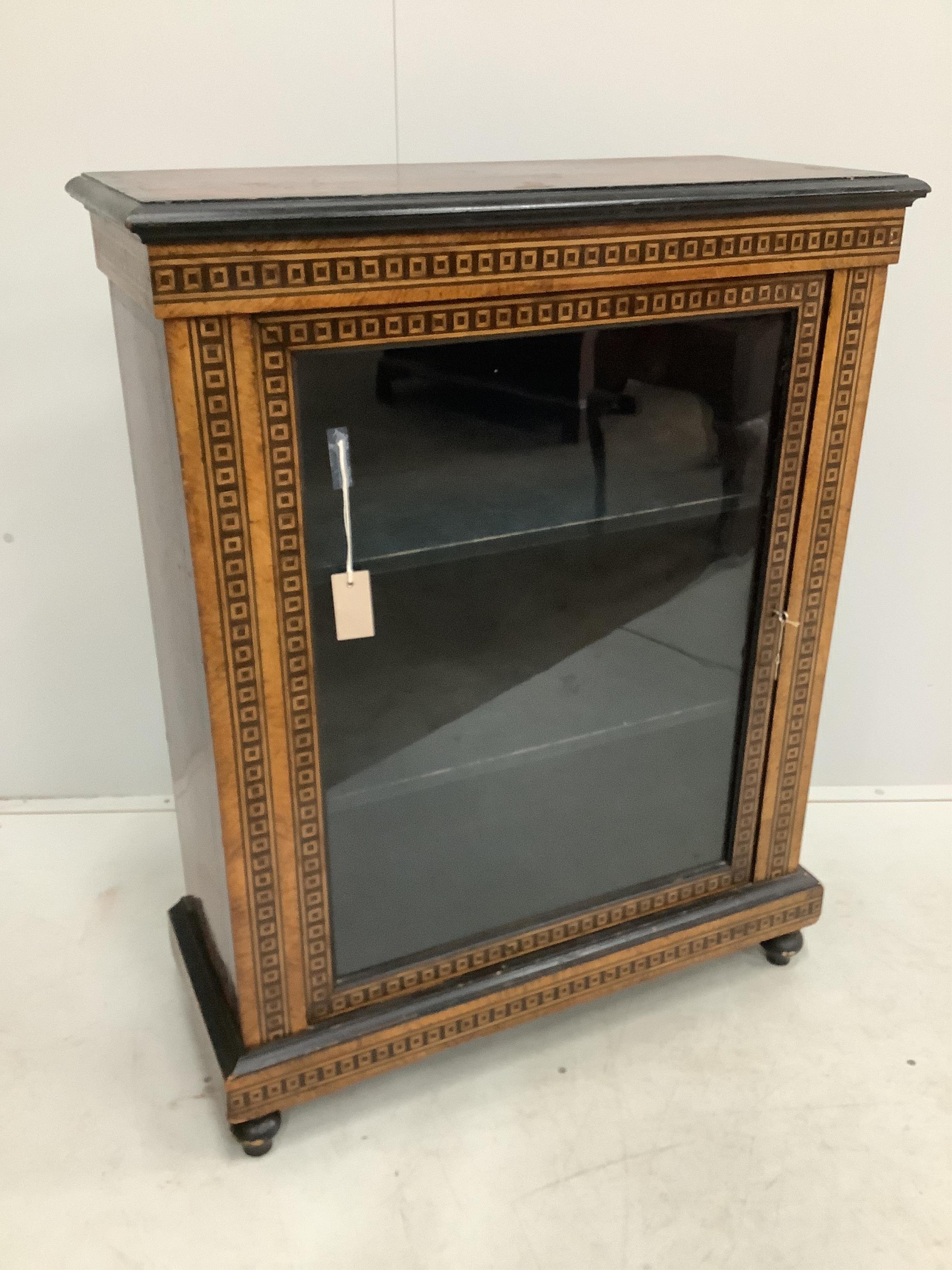 A Victorian parquetry inlaid amboyna pier cabinet, width 79cm, depth 34cm, height 102cm